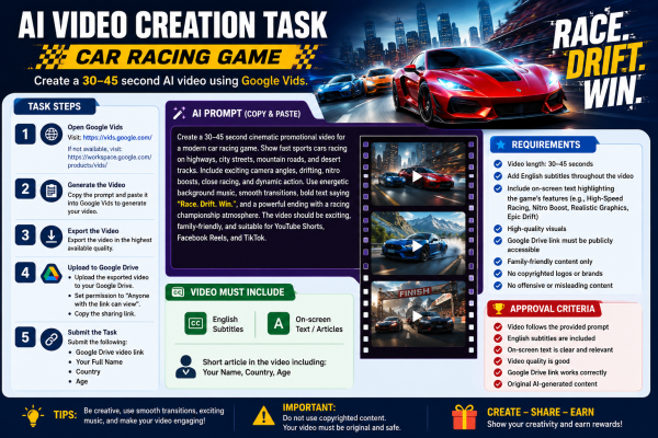 AI Video Creation Task – Car Racing Game